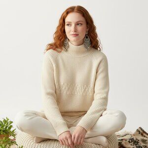 Parkhurst Cream Heavy Cable Knit Fishermen Turtleneck Cotton Sweater Size L